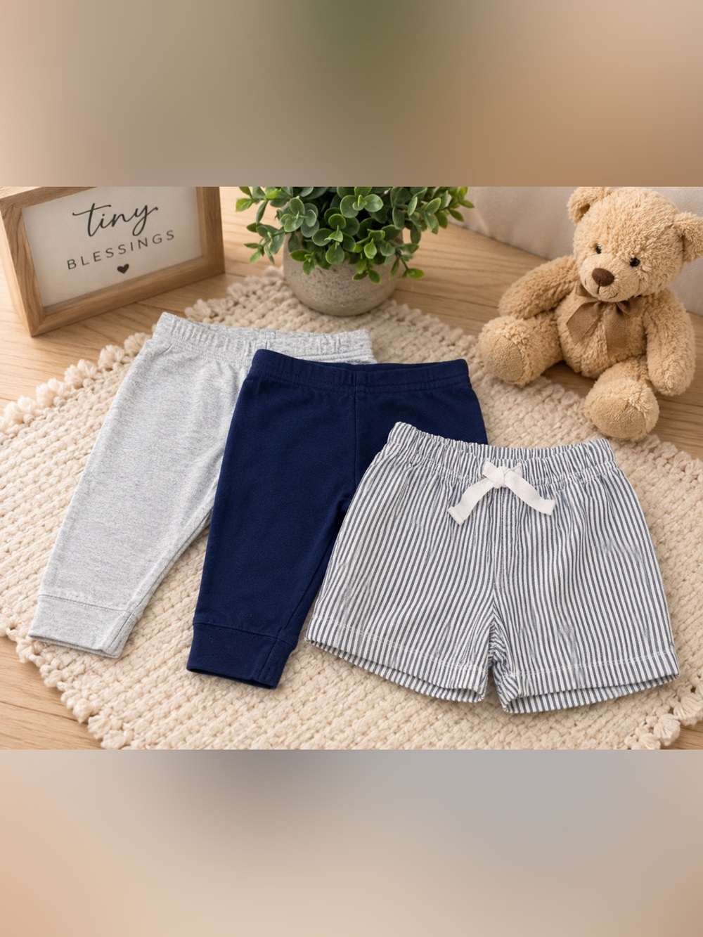 Lot of 3 Carter's Newborn Baby Pants & Shorts NB 0M Blue Gray Cotton Unisex